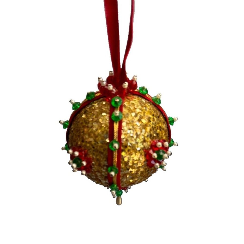 Vintage Gold Glittered Jeweled Handcrafted Ornament C1970's - Picture 2 of 4